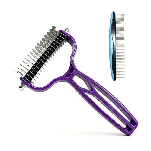 Double Sided Dematting Comb for Cats & Dogs, Undercoat Rake, Safe Deshedding Grooming Tool, Gentle Matt Remover Detangler for Long Thick Haired Pets, Ergonomic Pet Grooming Brush (Purple) - color: Purple