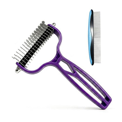Double Sided Dematting Comb for Cats & Dogs, Undercoat Rake, Safe Deshedding Grooming Tool, Gentle Matt Remover Detangler for Long Thick Haired Pets, Ergonomic Pet Grooming Brush (Purple) - color: Purple
