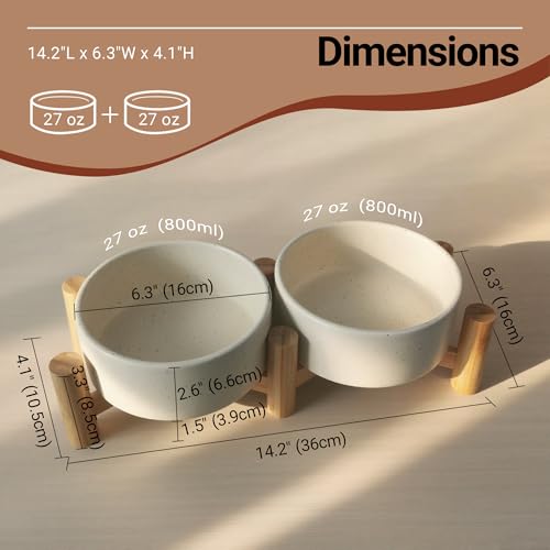 Elevated Dog Bowl & Cat Dish 27oz – Raised Ceramic Pet Food and Water Bowls with Bamboo Stand, Feeding Station for Small & Medium Pets, Prevents Neck Strain – Durable, Premium Quality by Homish
