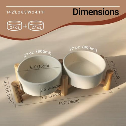 Elevated Dog Bowl & Cat Dish 27oz – Raised Ceramic Pet Food and Water Bowls with Bamboo Stand, Feeding Station for Small & Medium Pets, Prevents Neck Strain – Durable, Premium Quality by Homish