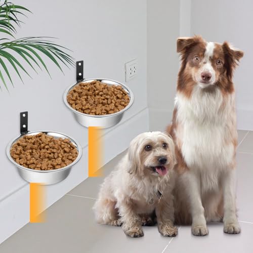 2 Pcs Wall Mounted Dog Bowl, Wall Mounted Pet Feeding Bowls, Elevated Pets Bowls, Adjustable Heights Hanging Stainless Steel Dog Food and Water Bowl with Foldable Stand Holder