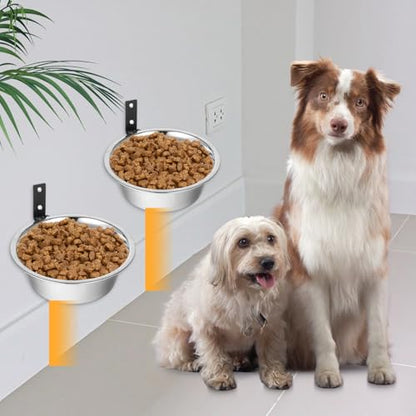 2 Pcs Wall Mounted Dog Bowl, Wall Mounted Pet Feeding Bowls, Elevated Pets Bowls, Adjustable Heights Hanging Stainless Steel Dog Food and Water Bowl with Foldable Stand Holder