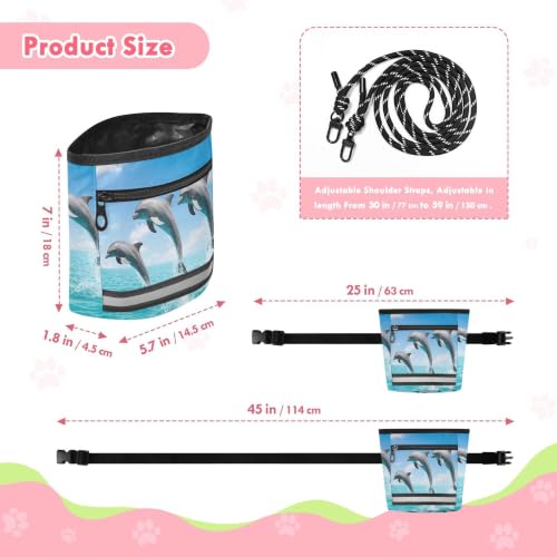 Dolphin Water-Resistant Dog Treat Pouch, 3 Ways to Wear Treat Bag with Magnetic Closure & Reflective Strip, Hands-Free for Pet Training, Walking