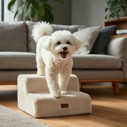 PETNOVO Ultra-Soft Faux Fur Dog Stairs for Couch and Sofa, 2-Step Dog Steps for Small Dogs, Non-Slip Foam Pet Stairs, Washable Cover, 15.7" D x 15.7" W x 11.8" H, Off-White - color: Off-white, size: 15.7"D x 15.7"Wx 11.8"H