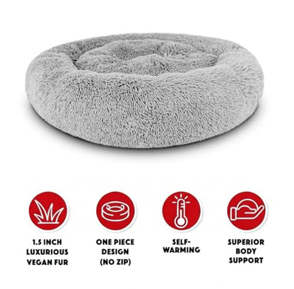 The Dog’s Bed Calming Donut Dog Bed, Plush Faux Fur Round Cuddler Nest – CertiPUR-Certified Foam, One-Piece Design, Raised Bolster – Silver Grey, Small 23"