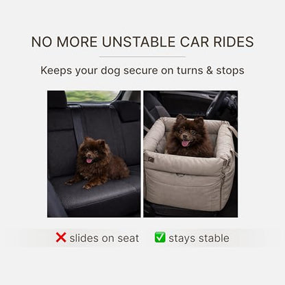 Dog Booster Car Seat for Small Dogs, Stable Non-Slip Design Up to 35 lbs, Water-Resistant PU Travel Carrier with Headrest Straps, Built-in Tether & Storage — Gray