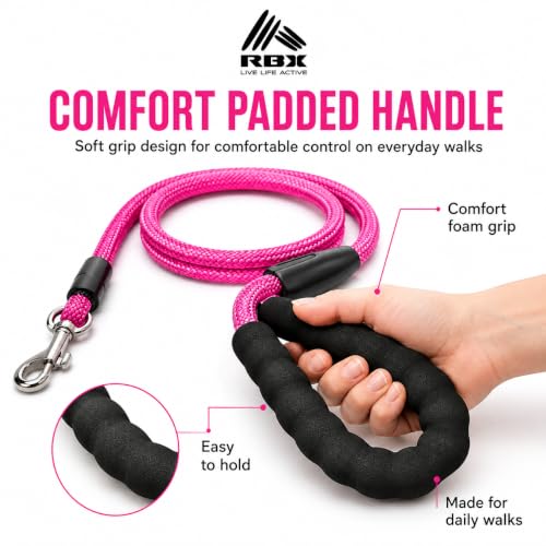RBX Rope Dog Leash Set, 5 ft Padded Handle Leash for Small/Medium Dogs with 360° Swivel Clip, Poop Bag Dispenser, 20 Waste Bags, Durable Walking Lead for Daily Use - color: Pink