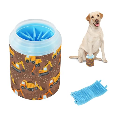 Truck Brown Pattern Dog Paw Cleaner Cup with Soft Silicone Brush, Lightweight Portable Small Muddy Paw Washer for Dogs, Easy to Use Pet Foot Cleaner