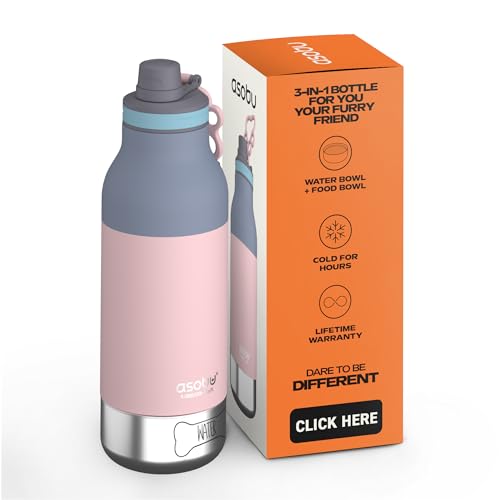 Asobu Buddy Bottle a Stainless Steel Insulated Water Bottle for with Removable Dog Water Bowl and Dog Food and Treat Storage Bowl (Pastel Pink, 34 Oz) - color: Pastel Pink