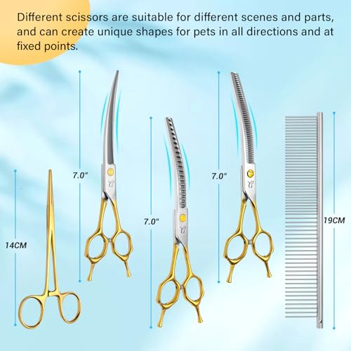 Dog Grooming Scissors,Curved Thinning Shears Curved Chunkers Shears with Safety Round Tips, Sharp and Comfortable 4 in 1 Dog Scissors for Grooming