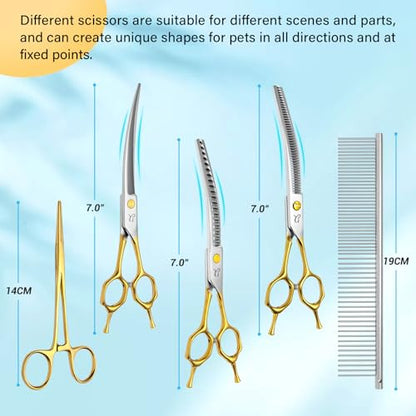 Dog Grooming Scissors,Curved Thinning Shears Curved Chunkers Shears with Safety Round Tips, Sharp and Comfortable 4 in 1 Dog Scissors for Grooming