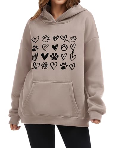 Womens Dog Paw Hoodie-Long Sleeve Pullover Fleece Lined Dog Mom Sweatshirts with Pocket - color: A-grey Brown, size: Medium