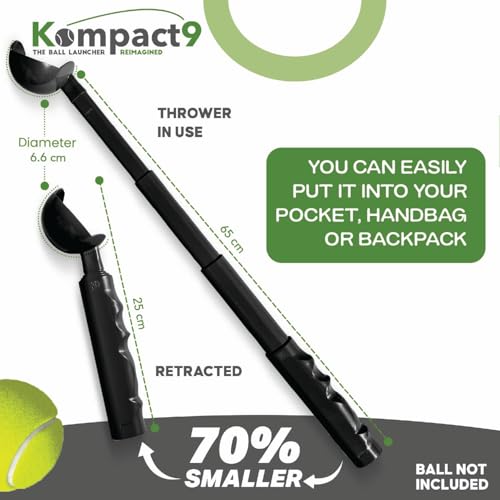 Kompact9 | Retractable Pocket-Sized Ball Launcher, Eco-Friendly & Portable Dog Fetch Toy, Made from Recycled Plastic, UK Designed, Fits Standard Tennis Balls Perfect Dog Exercise Equipment | Black