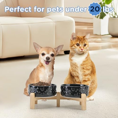 SPUNKYJUNKY Elevated Dog Bowls Ceramic, 5.1'' Dogs and Cat Food Water Bowls Raised with Non-Slip Bamboo Stand for Puppy Small Sized Breed Microwave Dishwasher Safe - 13.5 OZ,Skull Black - color: Black- Skull, size: 5.1 in - 1.7 cups