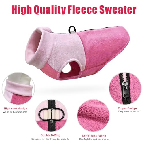 Idepet Dog Fleece Vest Sweater Zip Up Warm Pullover Dogs Jacket with D-Ring Leash Winter Cold Weater Coat Pet Sweatershirt Clothes Hoodie for Small Medium Dogs Boy Girl (Pink/Rose Red, XS) - color: Pink/Rose Red, size: XS