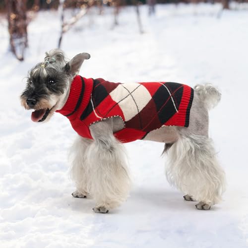 KOOLTAIL Dog Sweater Pet Knitted Clothes-Classic Plaid Pullover Turtleneck Red Fleece Dog Christmas Sweaters with Leash Hole, Thick Warm Dog Winter Clothes for Small Medium Large Dogs Cats Puppy, S - color: Red2, size: Small