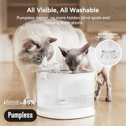 Cheerble Pumpless Cat Water Elfin Fountain, Wireless Pet Fountain Battery Operated, 2L/67oz E1+ Automatic Water Dispenser Cats & Dogs MagDrive™ Technology Stainless Steel Tray, No Cleaning Hassle - size: Cordless | Standard