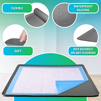 TidyFriend Dog Pee Pad Holder Tray Fits for 28” x 30” Wee Wee Pee Pads - Stable Grip, Raised Edges, Quick-Wipe Silicone Surface Dog Potty Tray Holder for Indoor Flooring Protection (Grey) - size: 28 X 30 Inches