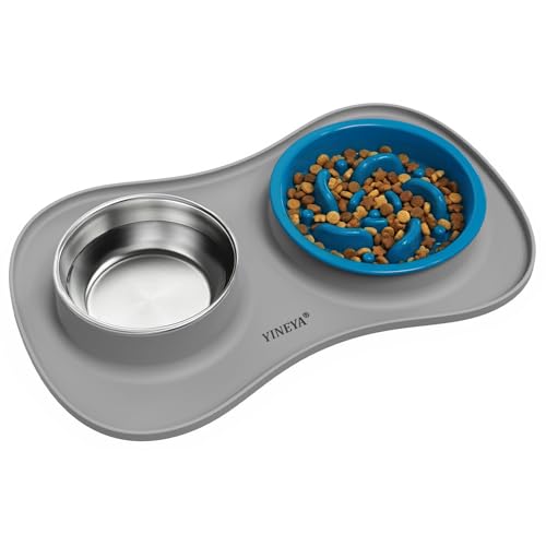 YINEYA 3 in 1 Slow Feeder Dog Bowls & Stainless Steel Food and Water Bowl with Non-Spill Dog Bowl Mat, Anti-Choking Puppy Bowls, Floor Safe & Easy Clean for Large Medium Small Dogs Cats - color: Gray, size: Medium