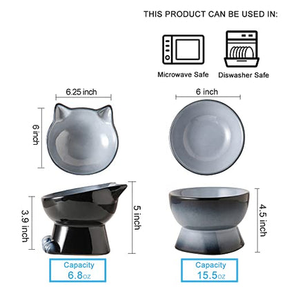 Nihow Elevated Cat Bowls,6 Inch Ceramic Raised Cat Food and Water Bowl Set | Slanted,Whisker Friendly,for Protecting Pet's Spine,Microwave & Dishwasher Safe ,Elegant Gray,6.8 OZ - color: Gray, size: 6.8 OZ+15.5 OZ