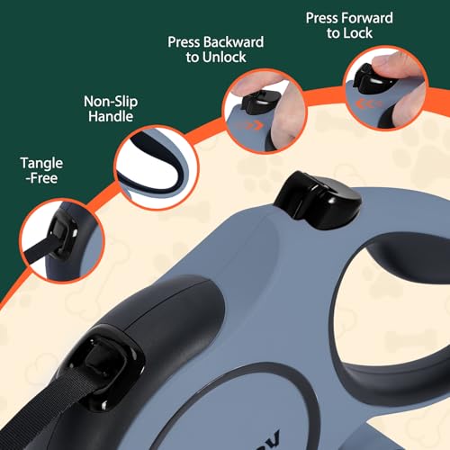 Retractable Dog Leash, 16ft Heavy Duty Retractable Pet Leash with Poop Bag Holder, 360° Tangle-Free for Small Medium Large Dogs Up to 66lbs, Anti-Slip Handle, One-Handed Brake Pause Lock（Gray） - color: Gray, size: 16ft up to 66lbs