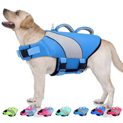 Doglay Dog Life Vest, Dog Life Jacket with Double Rescue Handles and Reflective Stripes, Adjustable High Visibility Swimming Safety Vest, Pet Life Preserver Lifesaver for Small Medium Large Dogs - color: Blue+Gray, size: L :19.7"-29.5" (Ribcage Girth)- Do