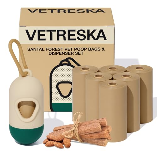 VETRESKA Dog Poop Bag with Dispenser, Leak Proof and Extra Thick Pet Waste Bags for Dog Walking and Cat Litter, Sandalwood & Almond Scented, 105 Count - size: 1 Count (Pack of 105), style: Santal Forest