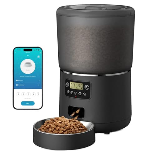 Automatic Cat Feeder, WiFi Smart Pet Feeder for Cats & Dogs, Programmable Timed Feeding with Portion Control, 8s Voice Recorder, Dual Power Supply, 4L Dry Food Dispenser, Black - color: black