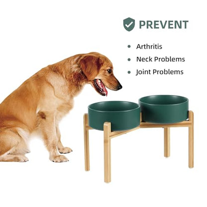 Havniva 8.3” Dog Bowls Elevated Ceramic Dog Food and Water Bowl Set, Double Raised Dog Water Bowl with Stand Non-Slip Rubber Base Large Capacity Feeding Pet Food Bowl for Large Dogs - color: Matte Dark Green - 2 Bowls+Stand, size: 8.3 Inch