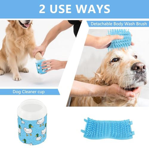 Duck Blue Pattern Dog Paw Cleaner Cup with Soft Silicone Brush, Small Portable Lightweight Muddy Paw Washer for Dogs, Easy to Use Pet Foot Cleaner