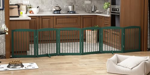 PUPETPO Freestanding Pet Gate for Dogs, Foldable Wooden Dog Gate for House, Extra Wide Indoor Pet Barrier for Stair, Doorway, Hall, Support Feet Included, 120 Inch Wide, 6 Panels 24",Green - color: Green, size: 24" Height-6 Panel