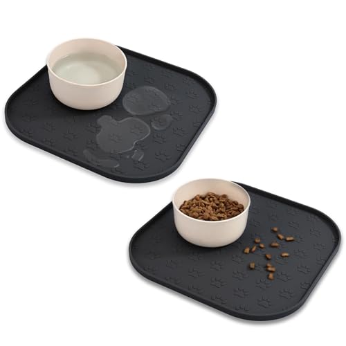 2 Pack Pet Feeding Mats, Waterproof Anti-Slip Placemats for Dog Cat Bowl Silicone Pet Food Mat, Raised Edge Prevent Spills on Floor & Carpet, Dishwasher Safe (2 Black, 11" x 11") - color: 2 Black