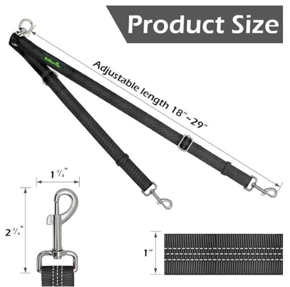 Double Dog Leash Coupler, No Tangle 360° Swivel Adjustable Reflective Dog Leash Splitter for 2 Dogs, Heavy Duty Shock Absorbing Bungee Lead Extension for Small Medium Large Dogs