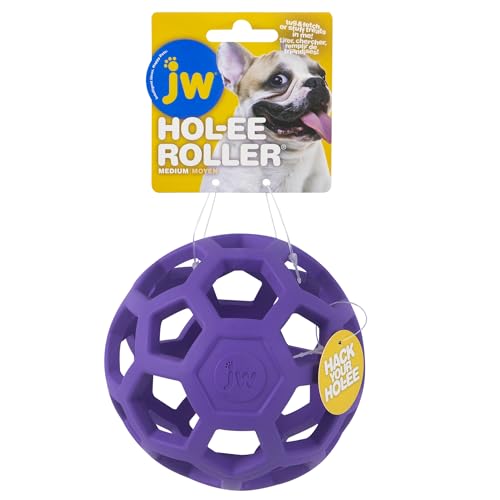 JW Pet Hol-ee Roller Dog Toy Puzzle Ball, Natural Rubber, Medium (4.5 Inch Diameter), Colors May Vary - size: Medium
