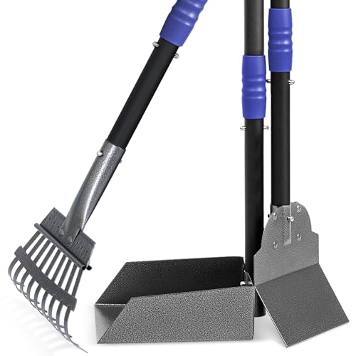 Heeyoo Dog Pooper Scooper, Dog Poop Tray and Rake Set, Pet Waste Removal Scoop with Long Adjustable Sectional Stainless Handles - color: Black/Blue