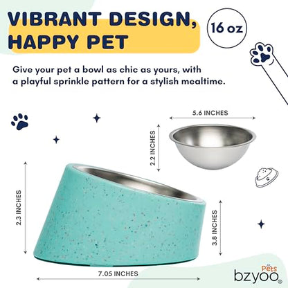 bzyoo 16oz Tilted Dog Bowl for Small Dogs & Cats, 15° Elevated Stainless Steel Pet Feeder, Ergonomic Anti-Vomiting Food Bowl for Frenchie, Pug, Persian Cat, Non-Skid Melamine Stand, Sprinkle (Green) - color: Green