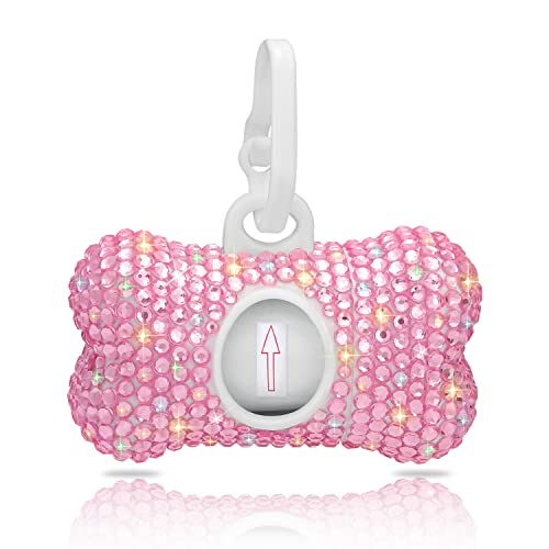 SAVORI Dog Poop Bag Holder Bling Crystal Dog Waste Bags Dispenser for Pet Dog Doggy with Carabiner Clip Includes 1 Roll 15 Bags (Pink) - color: Pink