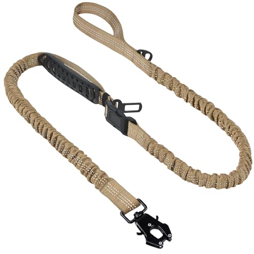 Twoear Heavy Duty Dog Leash for Large Dogs that Pull, 4-7FT Shock Absorbing Bungee Leash with Traffic Handle, Metal Frog Clip, Car Seatbelt, Reflective Tactical Leashes for Medium to Large Breeds