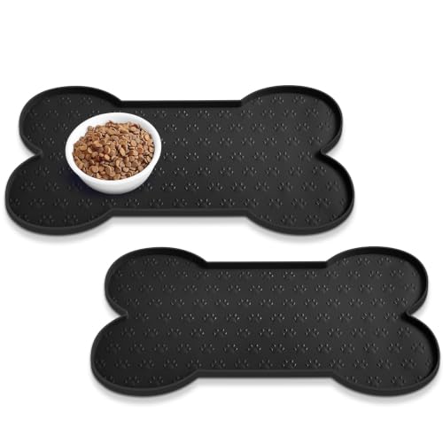 PWTAA Dog Food Mat Anti-Slip Silicone Dog Bowl Mat Thicker Pet Placemat Waterproof Cat Feeder Pad with Raised Edge Puppy Kitten Feeding Mats Suitable Small Medium-Sized Dogs Cats Eating Tray - 2PCS - color: Black, size: 25.6" x 13"-2PCS
