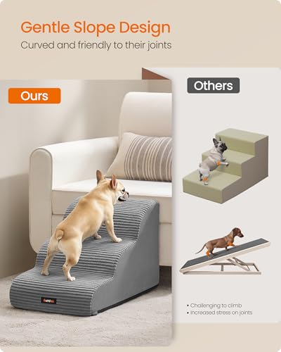 Feandrea 3-Step Dog Stairs, Dog Steps for Bed, Sofa, Waterproof Pet Stairs with Anti-Slip Designs, Gentle Slope, Removable Washable Cover, Handle, Dove Gray UPPS003G01 - size: 3-Step