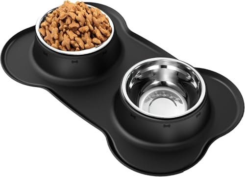 AsFrost Dog Food Bowls Stainless Steel Dog Bowls with No Spill Non-Skid Silicone Mat, Dog Food and Water Bowl Set, Dog Dishes for Small Medium Large Sized Dogs Pet Food Feeding Bowls, 4 Cup, Black - color: Black, size: 4¾ Cup/38 oz each