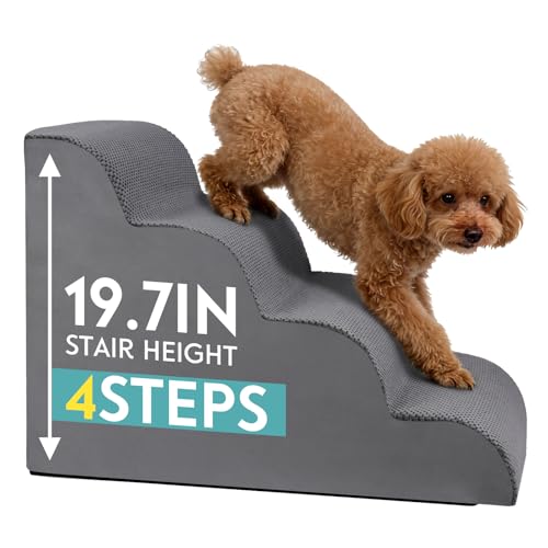 Dog Stairs for Small Dogs, 19.7" H Pet Stairs 4-Steps Ramp for Puppy, Older Cat, Stairs with Whole 30D High Density Foam, Corduroy Fabric, Non-Slip Bottom Dog Steps for Bed and Couch (Grey, 4-Step) - color: Grey, size: 4-Step (H: 19.7IN)