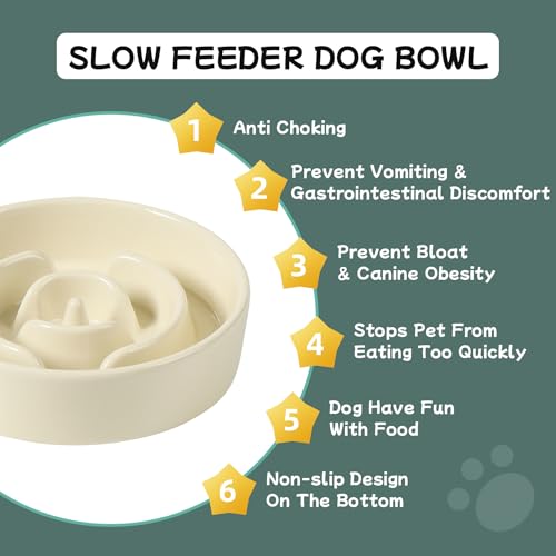 Havniva Ceramic Slow Feeder Dog Bowls, 0.9 Cups Dog Bowl Slow Feeding for Small Breed, 6.1inch Puzzle Dog Food Bowl Slow Feeder Non-Slip Anti-Gulping and Anti-Choking Reduces Bloating - color: 1 x Light Yellow-A, size: 6.1inch-New