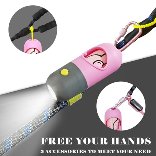 Dog Poop Bag Holder with LED Flashlight for Night Walks,Silicone Tether & Donut Pattern Clip for Used Bags, Hands-Free Metal Leash Carabiner, Includes 15 Scented Waste Bags(Pink) - color: Pink