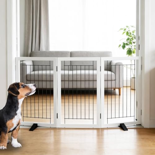 Dog Fence Indoor - 3-Panel Freestanding Dog Gate for Doorways, Hallways, House or Stairs -60x32-Inch Retractable Foldable Expandable Wood Pet by SFJC (White) - color: White, size: 【3 Panels】60''w X 32''h