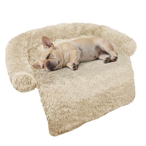 Calming Dog Bed Fluffy Plush Dog Mat for Furniture Protector with Removable Washable Cover for Large Medium Small Dogs and Cats (Small(35x31x5),Beige) - color: Beige, size: 35.0"L x 31.0"W x 5.0"Th
