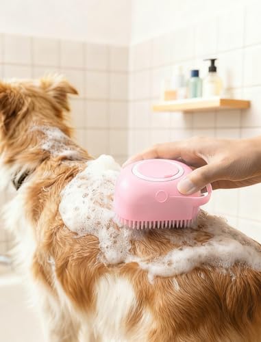 Silicone Dog Bath Brush – Dog Grooming Shampoo Scrubber with Soap Dispenser, Perfect for Shedding, Bathing, and Grooming, Ideal for Short and Long-Haired Dogs, Pink - color: pink