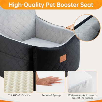 Dog Car Seats for Small/Medium Dogs, FurFrolic Memory Foam Dog Booster Seat for Small Dogs up to 35 lbs, Travel Pet Car Seat with Washable Detachable Cover, Storage Pockets, 2 Safety Belts, Black Gray
