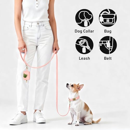 Didog Cute Dog Poop Bag Holder for Leash, Easy-Pull and Colorful PU Leather Dog Poop Bag Dispenser with Metal Clip, Includes 1 Roll Pet Waste Bag for Daily Walking,Pink - color: Pink