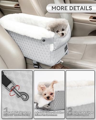 PETSFIT Dog Car Seats for Small Dogs with Safe Protection Hooks, Small Dog Car Seat with Upgraded Safety Tethers, Washable Cushion, Center Console Dog Car Seat for Pets Under 8 Lbs (Light Grey) - color: Light Grey